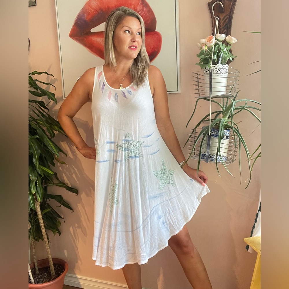 Vintage 80s Semi Sheer White Sundress with Colorful Beachy Accents, Large